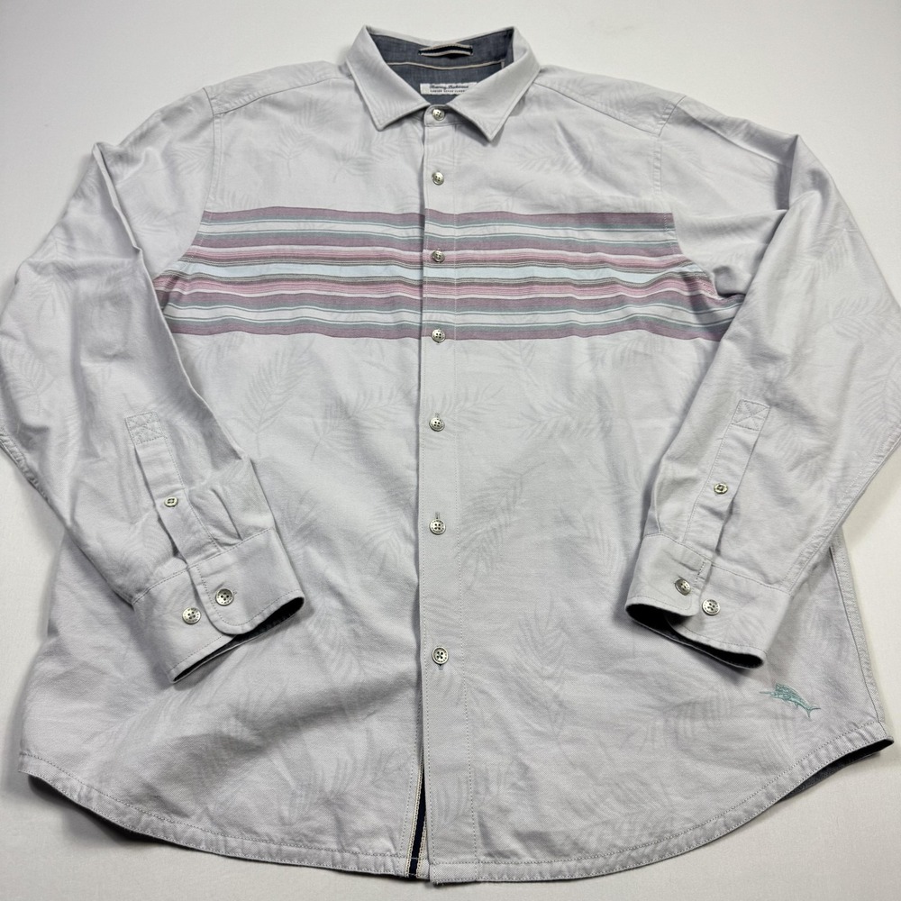 Tommy Bahama Canyon Beach Flannel Shirt Mens XL Gray Stripe Palm Button Front - Picture 2 of 12